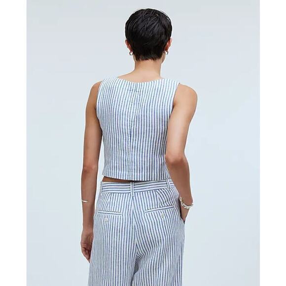 Madewell Scoopneck Top Crop Tank 100% Linen Bluestone Blue White Striped NWT 10 - Picture 4 of 12